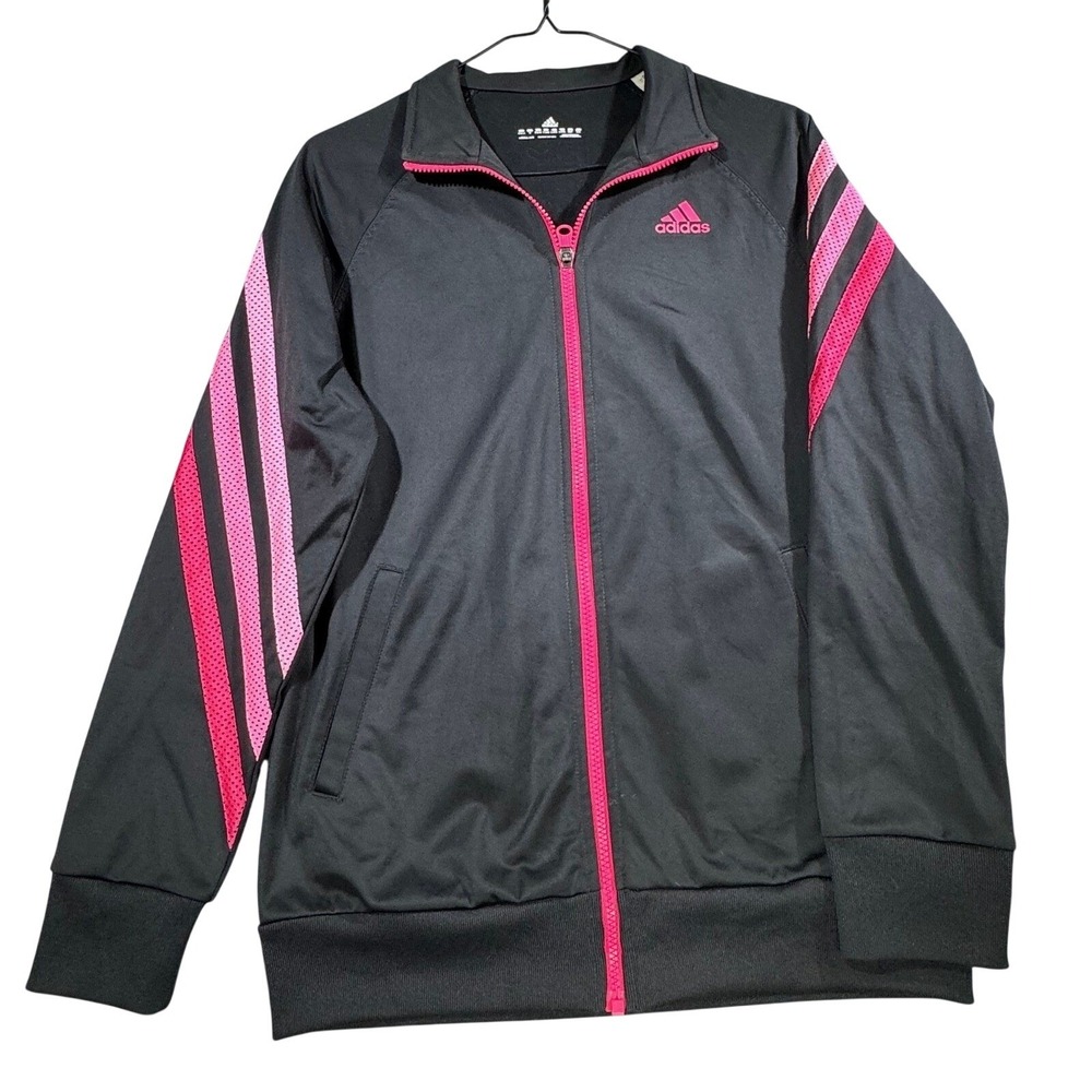 Adidas Women's Medium Black Pink Full Zip Track Jacket 3 Stripe Athletic